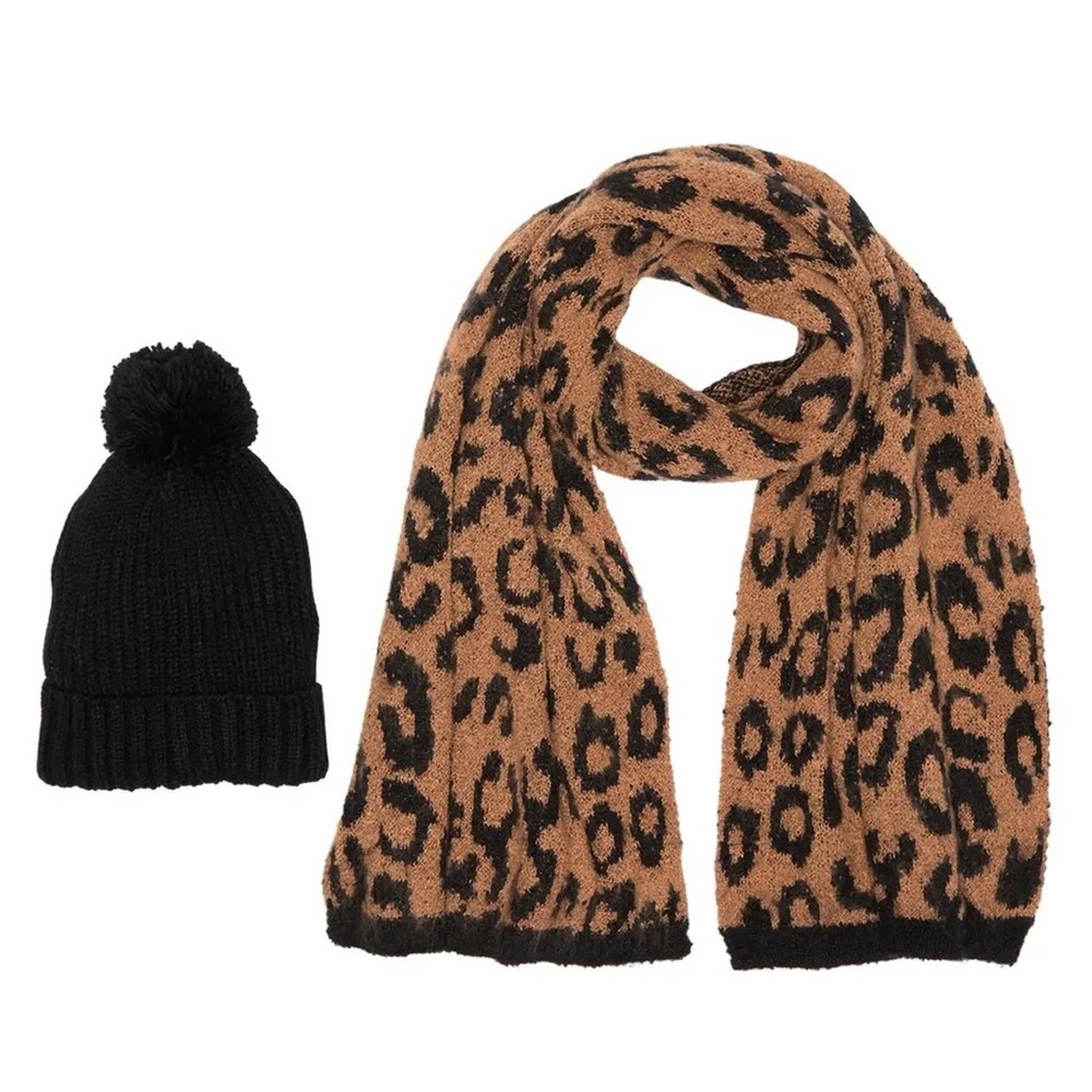 Steve Madden Pom Pom Beanie & Leopard Print Knit Scarf 2 -Piece Set NEW
